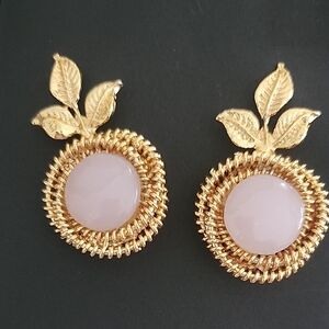 Gold and Pink Leaf Motif Earrings